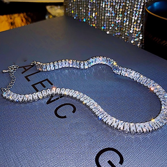 Baguette Sterling Silver Diamond Rhinestone Choker - Picture 2 of 7